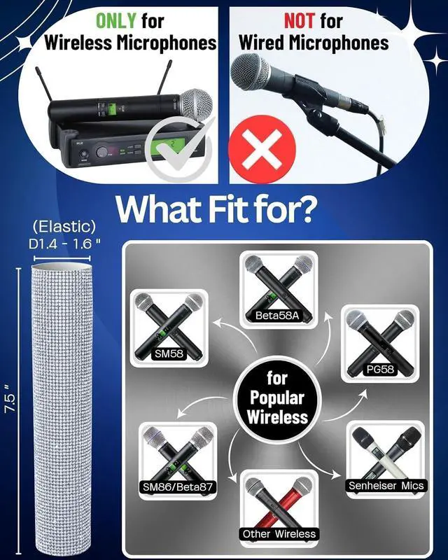 Alt view image 2 of 6 - Silver Crystal Mic Handle Cover for Universal Wireless Microphone and SM58, BETA58, Sparkle Cordless Handheld Shining on Tours & Shows (Mic NOT Included)