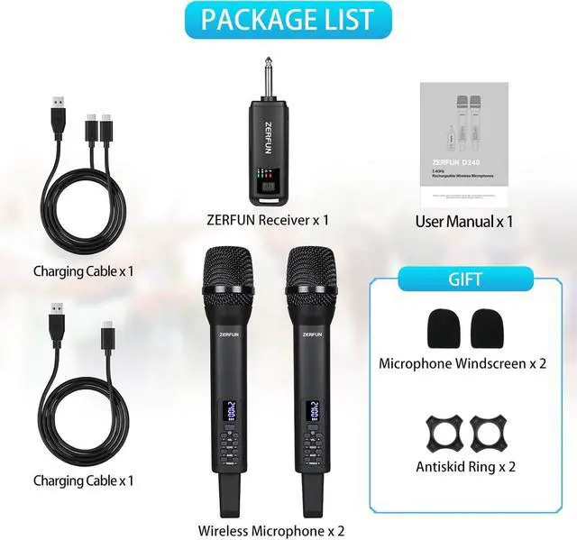 Alt view image 7 of 7 - Dual Rechargeable Wireless Microphones, Pro Handheld Cordless Mics System with Echo Treble BASS VOL Control for Karaoke Singing Church Party, 1/4'' Output, Black