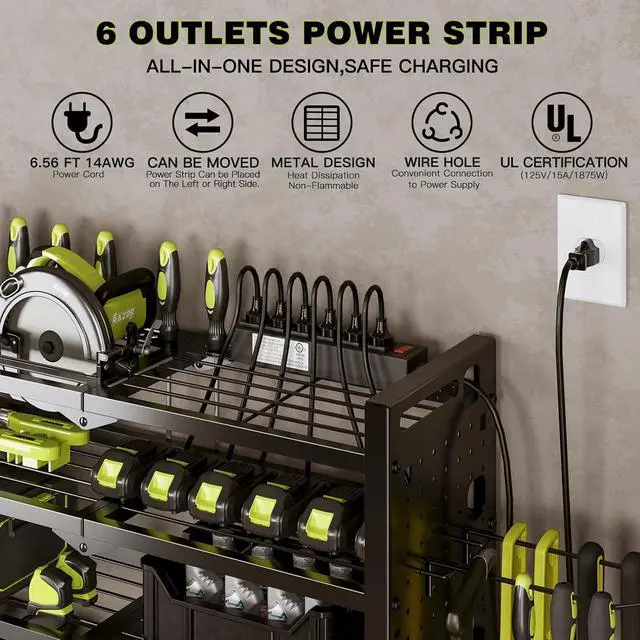 Alt view image 2 of 7 - NattyDot Cordless Power Tool Organizer Wall Mount, 6 Drill Holders, Black | Four-tier charging rack holds six cordless drills plus a grinder; shelves keep batteries, chargers and accessories organized
