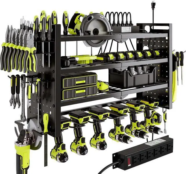 Main image of NattyDot Cordless Power Tool Organizer Wall Mount, 6 Drill Holders, Black | Four-tier charging rack holds six cordless drills plus a grinder; shelves keep batteries, chargers and accessories organized
