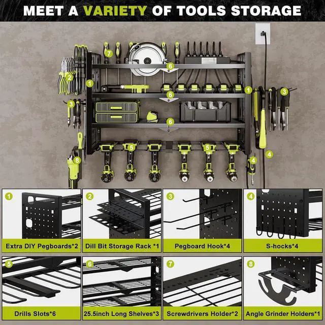 Alt view image 3 of 7 - NattyDot Cordless Power Tool Organizer Wall Mount, 6 Drill Holders, Black | Four-tier charging rack holds six cordless drills plus a grinder; shelves keep batteries, chargers and accessories organized