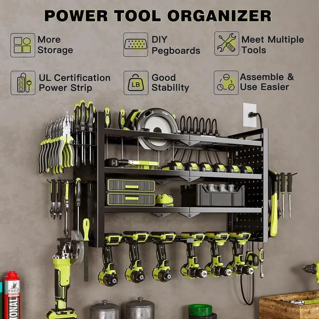 Alt view image 4 of 7 - NattyDot Cordless Power Tool Organizer Wall Mount, 6 Drill Holders, Black | Four-tier charging rack holds six cordless drills plus a grinder; shelves keep batteries, chargers and accessories organized