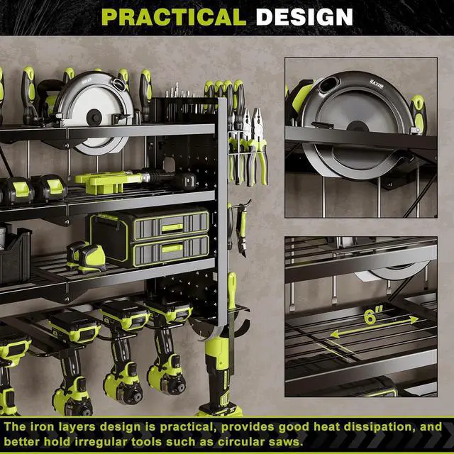 Alt view image 6 of 7 - NattyDot Cordless Power Tool Organizer Wall Mount, 6 Drill Holders, Black | Four-tier charging rack holds six cordless drills plus a grinder; shelves keep batteries, chargers and accessories organized