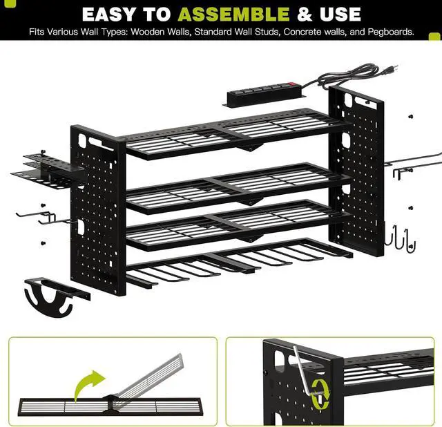 Alt view image 7 of 7 - NattyDot Cordless Power Tool Organizer Wall Mount, 6 Drill Holders, Black | Four-tier charging rack holds six cordless drills plus a grinder; shelves keep batteries, chargers and accessories organized