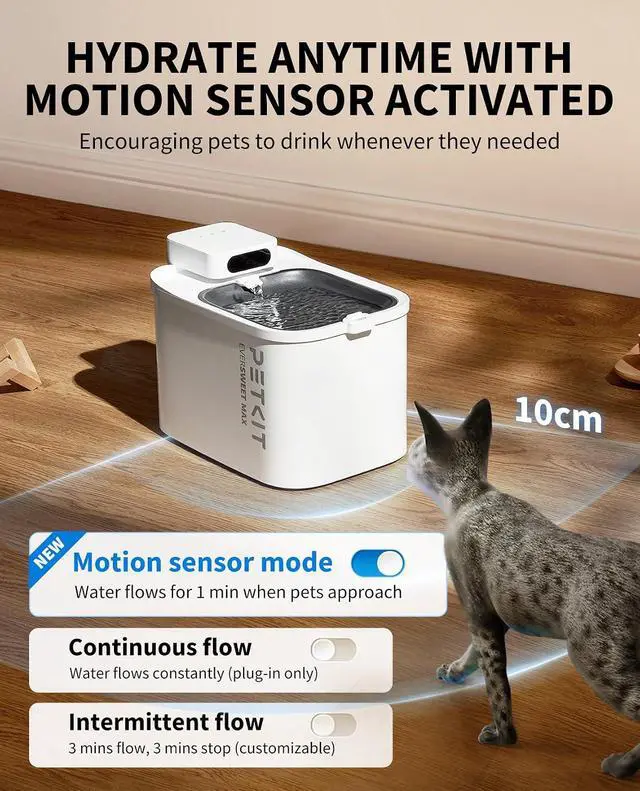 Alt view image 3 of 7 - PETKIT EVERSWEET MAX Cordless Cat Water Fountain with Motion Sensor | 101 oz/3L Pet Fountain for Cats Dogs Inside, Automatic Cat Water Dispenser Battery Operated