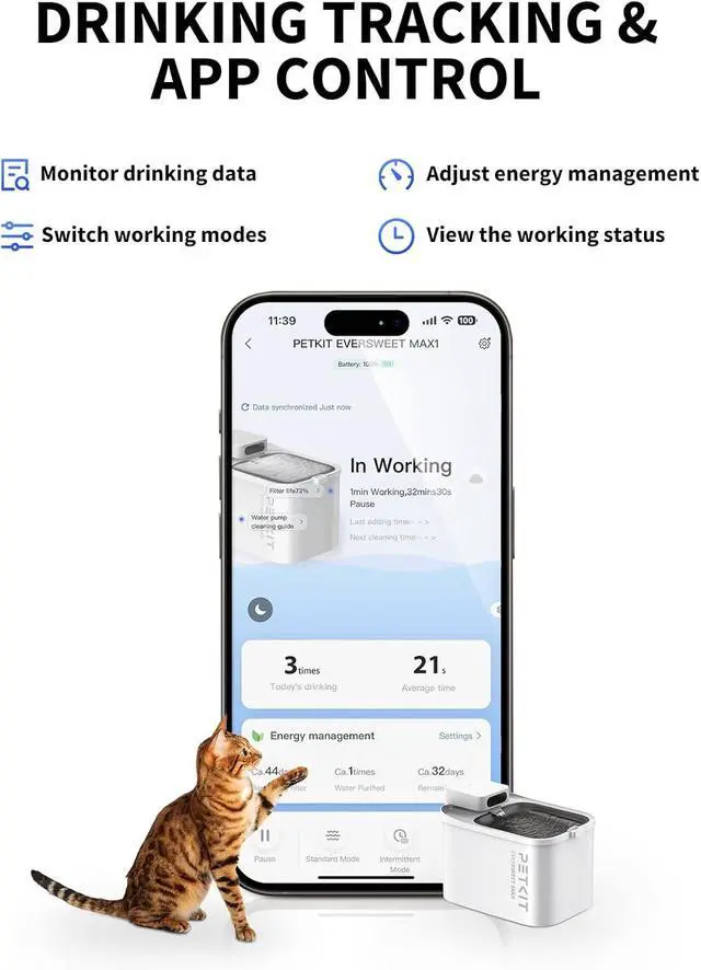 Alt view image 4 of 7 - PETKIT EVERSWEET MAX Cordless Cat Water Fountain with Motion Sensor | 101 oz/3L Pet Fountain for Cats Dogs Inside, Automatic Cat Water Dispenser Battery Operated