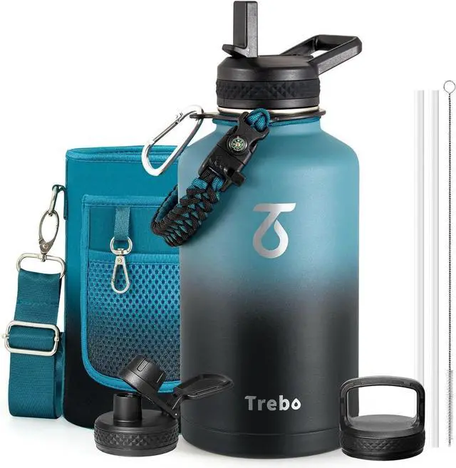 Main image of Trebo 64 oz Water Bottle Stainless Steel with 3 Lids, Paracord Handle & Bag | Half Gallon Large Insulated Jug, Triple Wall Vacuum Copper Plated, Dishwasher Safe, Cold 48Hrs for Outdoor, Hiking, Gym