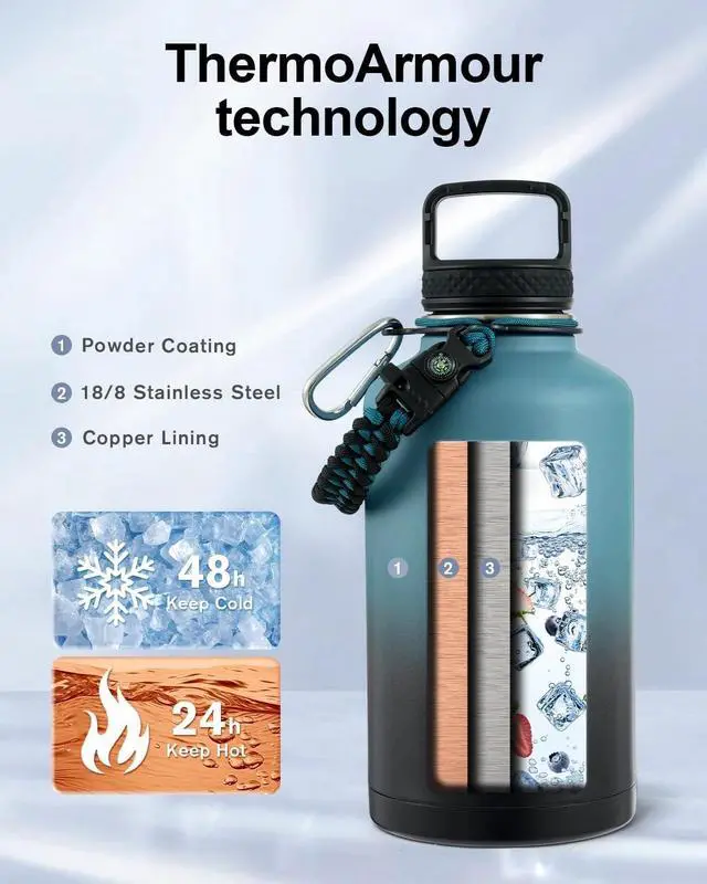 Alt view image 2 of 7 - Trebo 64 oz Water Bottle Stainless Steel with 3 Lids, Paracord Handle & Bag | Half Gallon Large Insulated Jug, Triple Wall Vacuum Copper Plated, Dishwasher Safe, Cold 48Hrs for Outdoor, Hiking, Gym