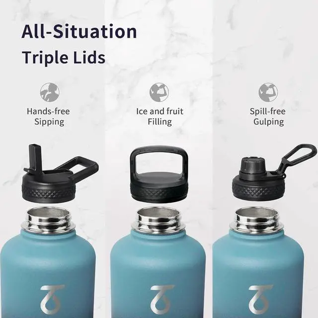 Alt view image 3 of 7 - Trebo 64 oz Water Bottle Stainless Steel with 3 Lids, Paracord Handle & Bag | Half Gallon Large Insulated Jug, Triple Wall Vacuum Copper Plated, Dishwasher Safe, Cold 48Hrs for Outdoor, Hiking, Gym