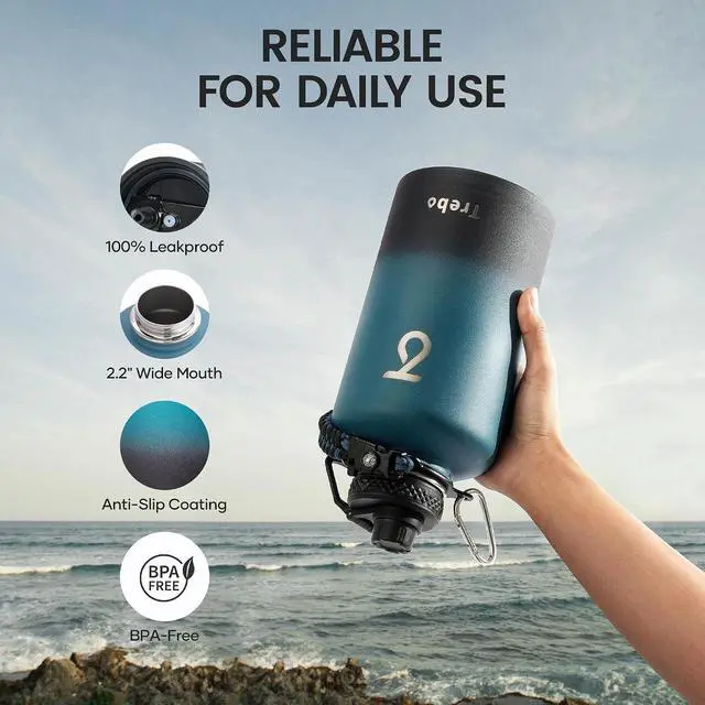 Alt view image 5 of 7 - Trebo 64 oz Water Bottle Stainless Steel with 3 Lids, Paracord Handle & Bag | Half Gallon Large Insulated Jug, Triple Wall Vacuum Copper Plated, Dishwasher Safe, Cold 48Hrs for Outdoor, Hiking, Gym