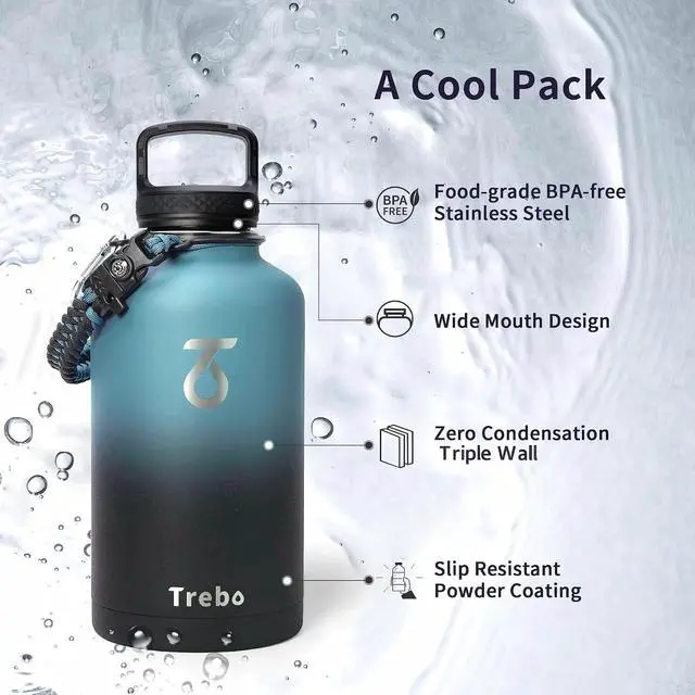 Alt view image 6 of 7 - Trebo 64 oz Water Bottle Stainless Steel with 3 Lids, Paracord Handle & Bag | Half Gallon Large Insulated Jug, Triple Wall Vacuum Copper Plated, Dishwasher Safe, Cold 48Hrs for Outdoor, Hiking, Gym