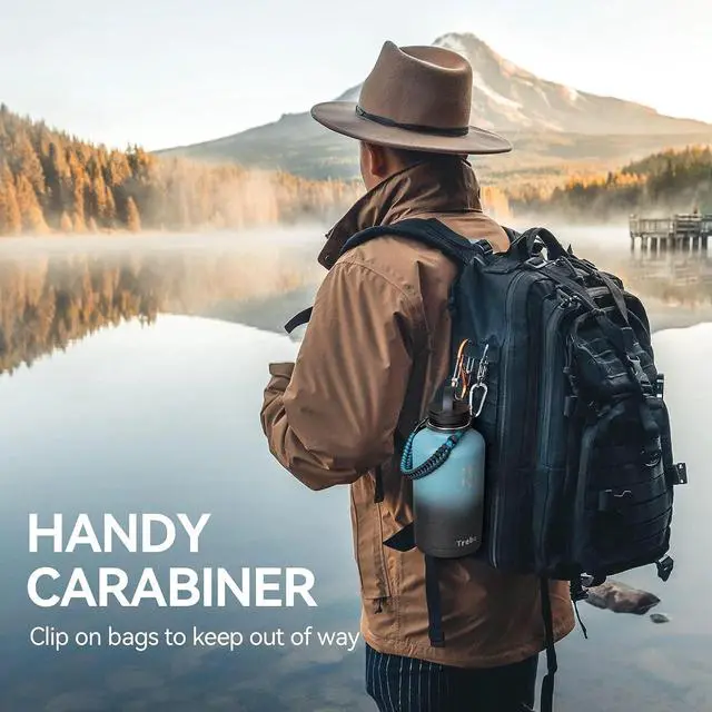 Alt view image 7 of 7 - Trebo 64 oz Water Bottle Stainless Steel with 3 Lids, Paracord Handle & Bag | Half Gallon Large Insulated Jug, Triple Wall Vacuum Copper Plated, Dishwasher Safe, Cold 48Hrs for Outdoor, Hiking, Gym