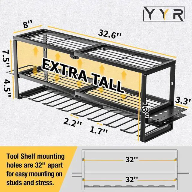 Alt view image 2 of 7 - YYR Heavy Duty Power Tool Organizer Wall Mount, Cordless Drill Hanger Storage Rack, Battery Tools Holder with Charging Station Shelf for Garage Organization, Workshop, Pegboard, Shed - 32 Inch 8 Slots
