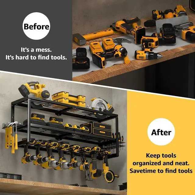 Alt view image 4 of 7 - YYR Heavy Duty Power Tool Organizer Wall Mount, Cordless Drill Hanger Storage Rack, Battery Tools Holder with Charging Station Shelf for Garage Organization, Workshop, Pegboard, Shed - 32 Inch 8 Slots