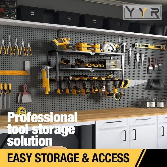 Alt view image 6 of 7 - YYR Heavy Duty Power Tool Organizer Wall Mount, Cordless Drill Hanger Storage Rack, Battery Tools Holder with Charging Station Shelf for Garage Organization, Workshop, Pegboard, Shed - 32 Inch 8 Slots