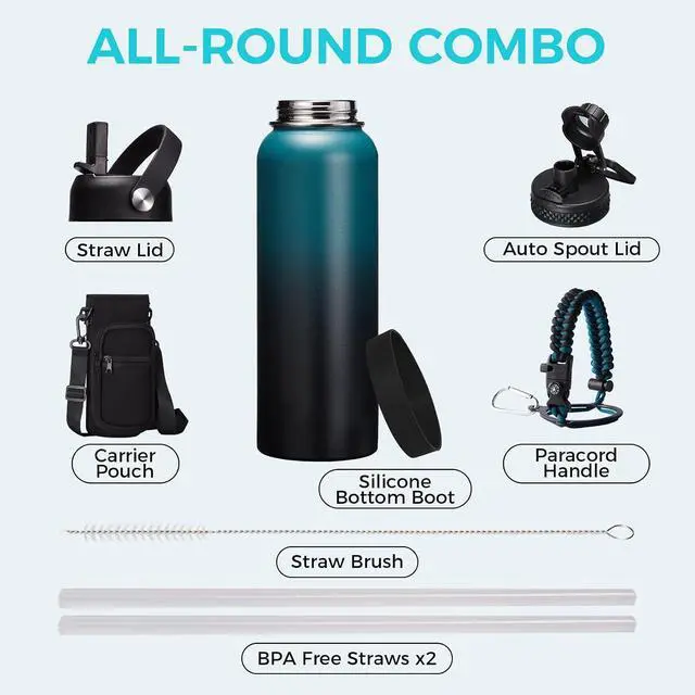 Alt view image 2 of 7 - 32/40/64OZ Insulated Water Bottle - Keep Cold 48H Hot 24H, Combo Straw/Spout Lids, Paracord Handle for Gym/Hiking, Carrier Bag +Strap, Cup Mat, BPA-Free Stainless Steel Flask Jug