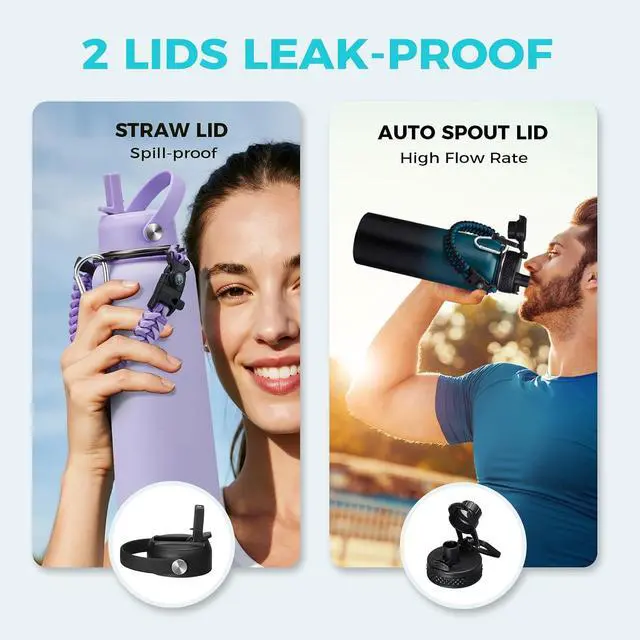 Alt view image 7 of 7 - 32/40/64OZ Insulated Water Bottle - Keep Cold 48H Hot 24H, Combo Straw/Spout Lids, Paracord Handle for Gym/Hiking, Carrier Bag +Strap, Cup Mat, BPA-Free Stainless Steel Flask Jug