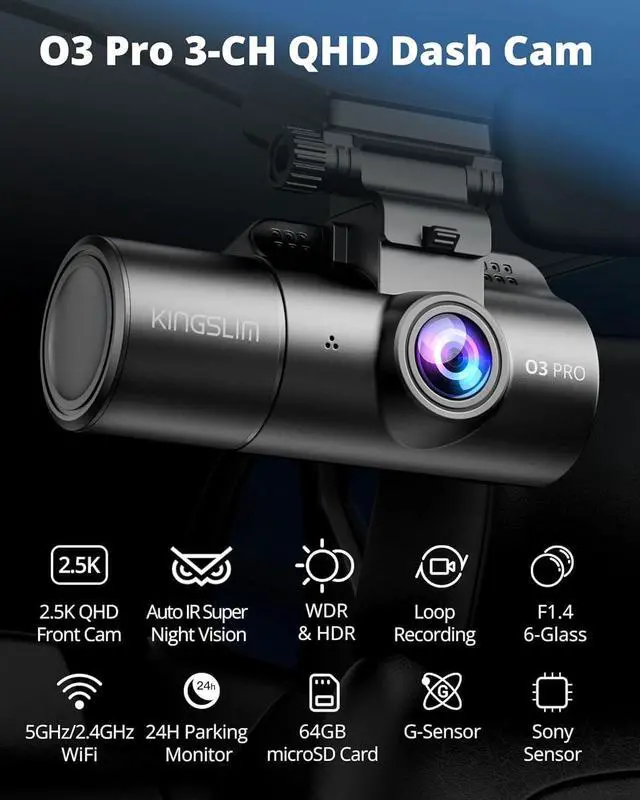 Alt view image 2 of 7 - Kingslim 3 Channel 5G WiFi Dash Cam with 64GB Card, 2.5K/1080P Front and Rear Inside Dashcam, 2.5K/1080P/1080P Three Way Dash Camera for Cars Auto IR Night Vision, Loop Recording, APP Control(O3PRO)