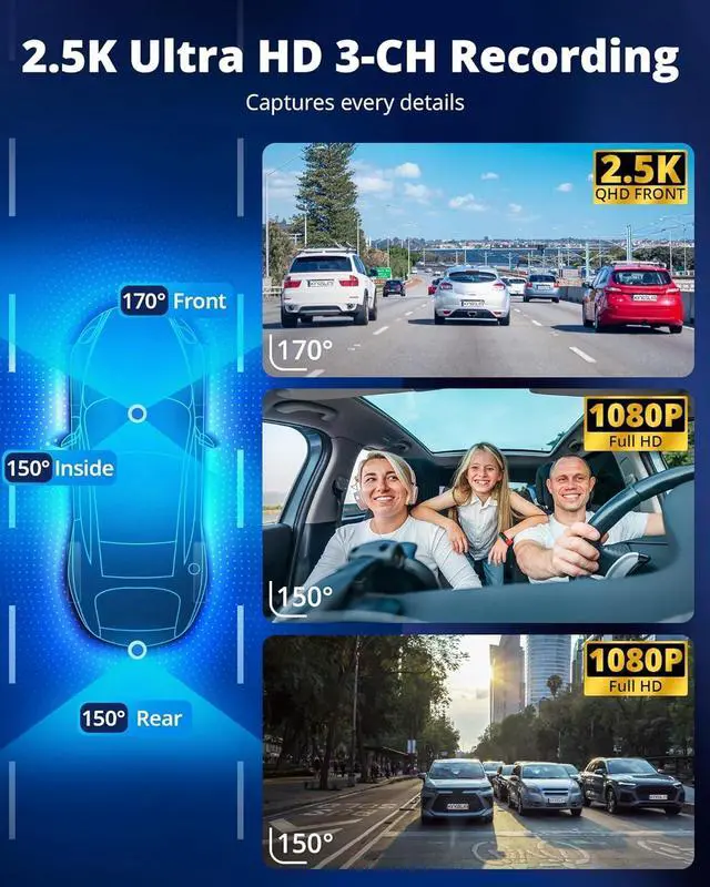 Alt view image 3 of 7 - Kingslim 3 Channel 5G WiFi Dash Cam with 64GB Card, 2.5K/1080P Front and Rear Inside Dashcam, 2.5K/1080P/1080P Three Way Dash Camera for Cars Auto IR Night Vision, Loop Recording, APP Control(O3PRO)