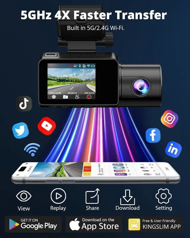 Alt view image 7 of 7 - Kingslim 3 Channel 5G WiFi Dash Cam with 64GB Card, 2.5K/1080P Front and Rear Inside Dashcam, 2.5K/1080P/1080P Three Way Dash Camera for Cars Auto IR Night Vision, Loop Recording, APP Control(O3PRO)