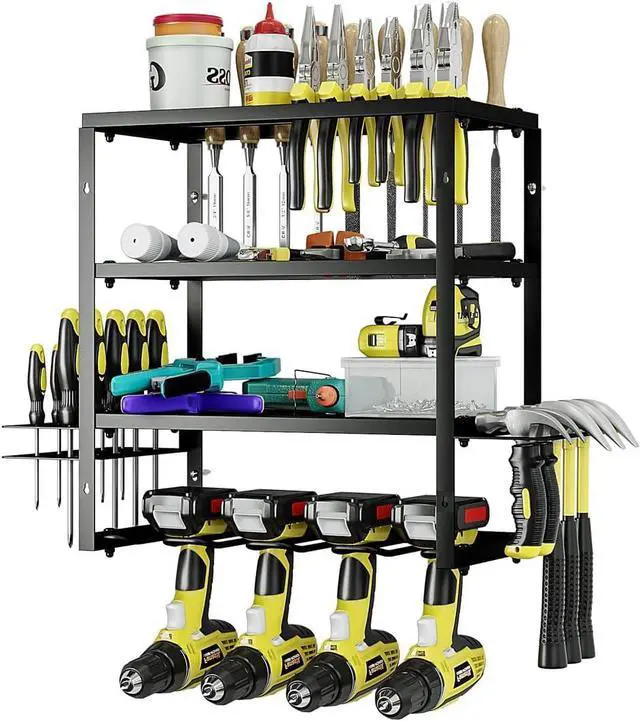 Main image of AZERPIAN Power Tool Organizer Heavy Duty Wall Mount Drill Tools Holder | Garage Wall Mount Tool Rack, Workshop Metal Cordless Tool Shelf, 3 Layers Utility Storage Racks for 4 Drill Holders