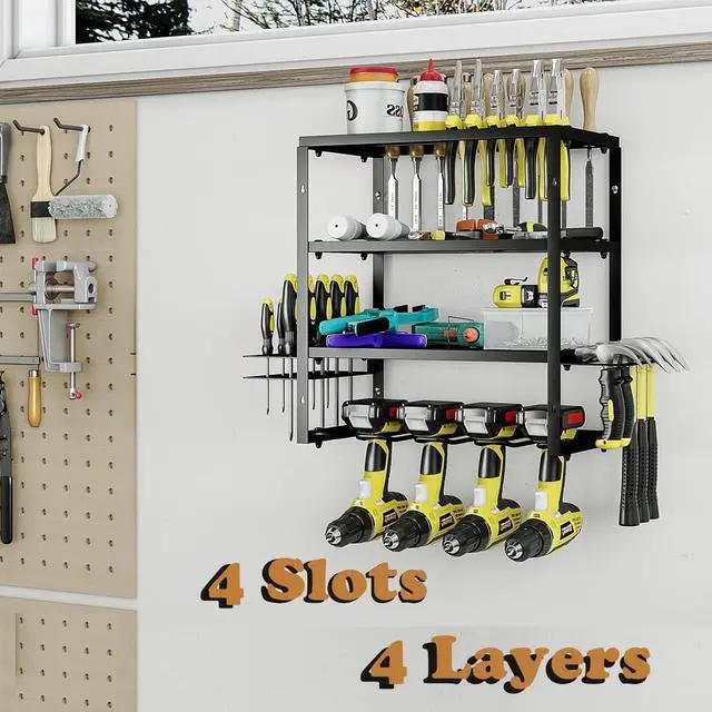 Alt view image 2 of 6 - AZERPIAN Power Tool Organizer Heavy Duty Wall Mount Drill Tools Holder | Garage Wall Mount Tool Rack, Workshop Metal Cordless Tool Shelf, 3 Layers Utility Storage Racks for 4 Drill Holders