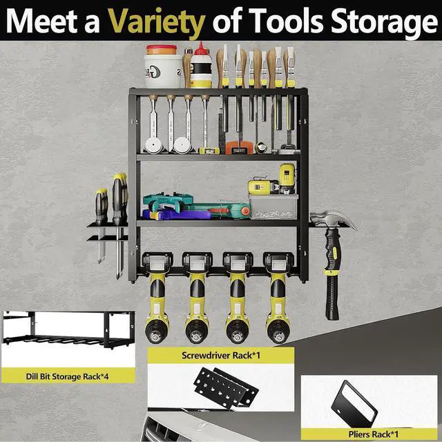 Alt view image 3 of 6 - AZERPIAN Power Tool Organizer Heavy Duty Wall Mount Drill Tools Holder | Garage Wall Mount Tool Rack, Workshop Metal Cordless Tool Shelf, 3 Layers Utility Storage Racks for 4 Drill Holders