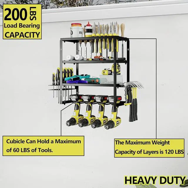 Alt view image 4 of 6 - AZERPIAN Power Tool Organizer Heavy Duty Wall Mount Drill Tools Holder | Garage Wall Mount Tool Rack, Workshop Metal Cordless Tool Shelf, 3 Layers Utility Storage Racks for 4 Drill Holders