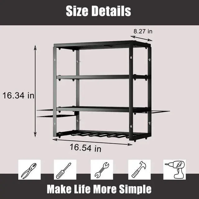 Alt view image 5 of 6 - AZERPIAN Power Tool Organizer Heavy Duty Wall Mount Drill Tools Holder | Garage Wall Mount Tool Rack, Workshop Metal Cordless Tool Shelf, 3 Layers Utility Storage Racks for 4 Drill Holders
