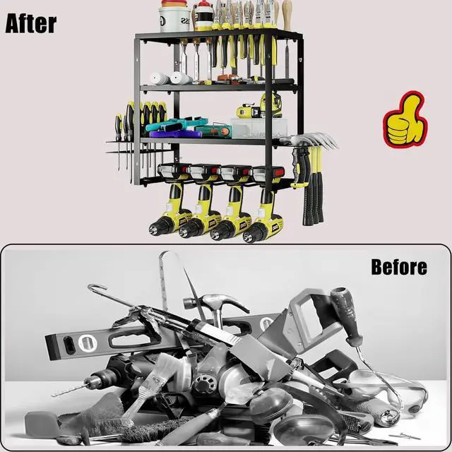 Alt view image 6 of 6 - AZERPIAN Power Tool Organizer Heavy Duty Wall Mount Drill Tools Holder | Garage Wall Mount Tool Rack, Workshop Metal Cordless Tool Shelf, 3 Layers Utility Storage Racks for 4 Drill Holders