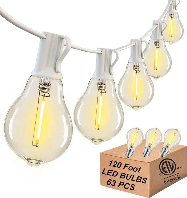 Main image of White Outdoor String Lights 120FT Waterproof Lighting for Patio Wedding | 2FT Bulbs Spacing,120FT Connectable White Outdoor Lights with 63 Plastic Dimmable LED Bulbs for Garden Bistro Balcony Party