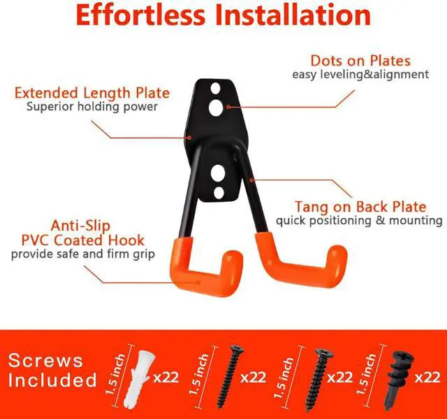 Alt view image 2 of 7 - Garage Hooks, 12 Pack Wall Storage Hanger with 2 Extension Cord Straps, Heavy Duty Tool Holder for Utilities Organization, Wall Mount Rack for Garden Lawn Tools, Ladders, Bike, Ski (Orange)