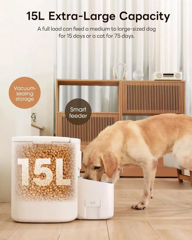 Alt view image 2 of 7 - Dokoo Automatic Dog Feeder for Large Breeds, 15L/63 Cups Vacuum-Sealed | Airtight Auto Pet Feeder for Dry Food, Timed Feeding, Anti-Clog Dispenser 2-22mm Kibble, Voice Recorder, Stainless Steel Bowl
