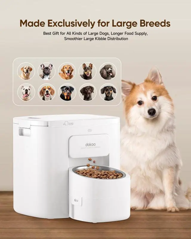 Alt view image 3 of 7 - Dokoo Automatic Dog Feeder for Large Breeds, 15L/63 Cups Vacuum-Sealed | Airtight Auto Pet Feeder for Dry Food, Timed Feeding, Anti-Clog Dispenser 2-22mm Kibble, Voice Recorder, Stainless Steel Bowl