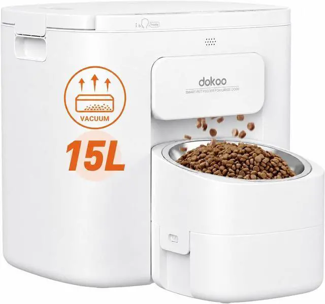 Main image of Dokoo Automatic Dog Feeder for Large Breeds, 15L/63 Cups Vacuum-Sealed | Airtight Auto Pet Feeder for Dry Food, Timed Feeding, Anti-Clog Dispenser 2-22mm Kibble, Voice Recorder, Stainless Steel Bowl