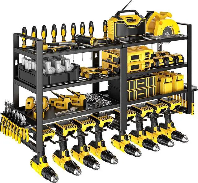 Main image of Power Tool Organizer Wall Mount,4 Tier Heavy Duty Tool Storage Rack | 8 Drill Holders,200lbs Tool Shelf,Cordless Drill Hanger with Pliers Hammer holder,Garage Workshop Pegboard Shed