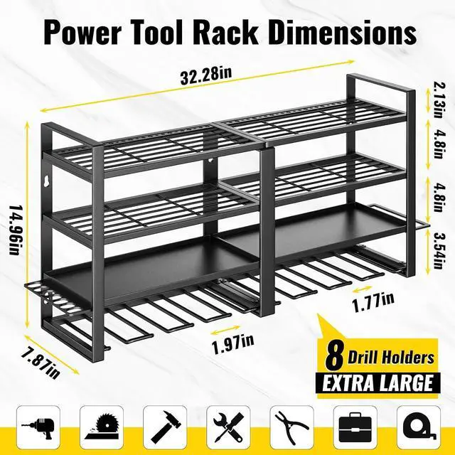 Alt view image 2 of 7 - Power Tool Organizer Wall Mount,4 Tier Heavy Duty Tool Storage Rack | 8 Drill Holders,200lbs Tool Shelf,Cordless Drill Hanger with Pliers Hammer holder,Garage Workshop Pegboard Shed