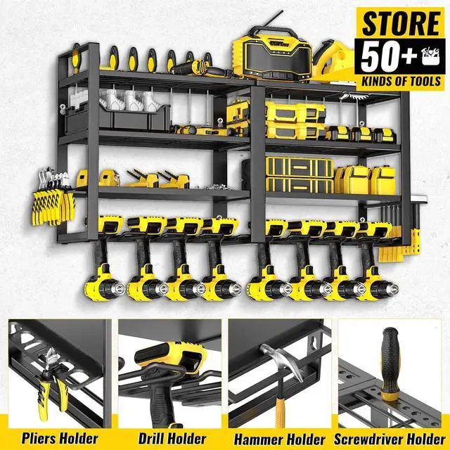 Alt view image 3 of 7 - Power Tool Organizer Wall Mount,4 Tier Heavy Duty Tool Storage Rack | 8 Drill Holders,200lbs Tool Shelf,Cordless Drill Hanger with Pliers Hammer holder,Garage Workshop Pegboard Shed