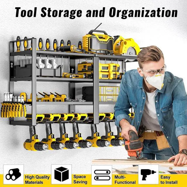 Alt view image 5 of 7 - Power Tool Organizer Wall Mount,4 Tier Heavy Duty Tool Storage Rack | 8 Drill Holders,200lbs Tool Shelf,Cordless Drill Hanger with Pliers Hammer holder,Garage Workshop Pegboard Shed