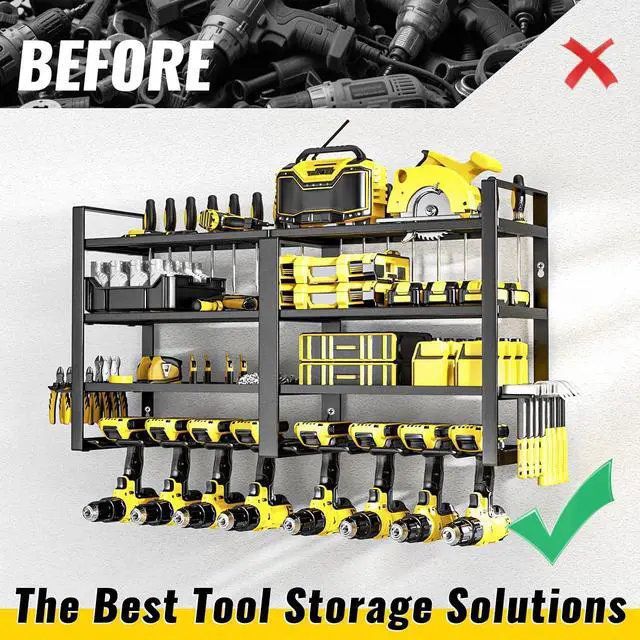 Alt view image 6 of 7 - Power Tool Organizer Wall Mount,4 Tier Heavy Duty Tool Storage Rack | 8 Drill Holders,200lbs Tool Shelf,Cordless Drill Hanger with Pliers Hammer holder,Garage Workshop Pegboard Shed