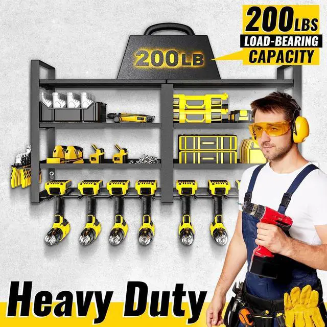 Alt view image 4 of 7 - Power Tool Organizer Wall Mount,4 Tier Heavy Duty Tool Storage Rack | 8 Drill Holders,200lbs Tool Shelf,Cordless Drill Hanger with Pliers Hammer holder,Garage Workshop Pegboard Shed