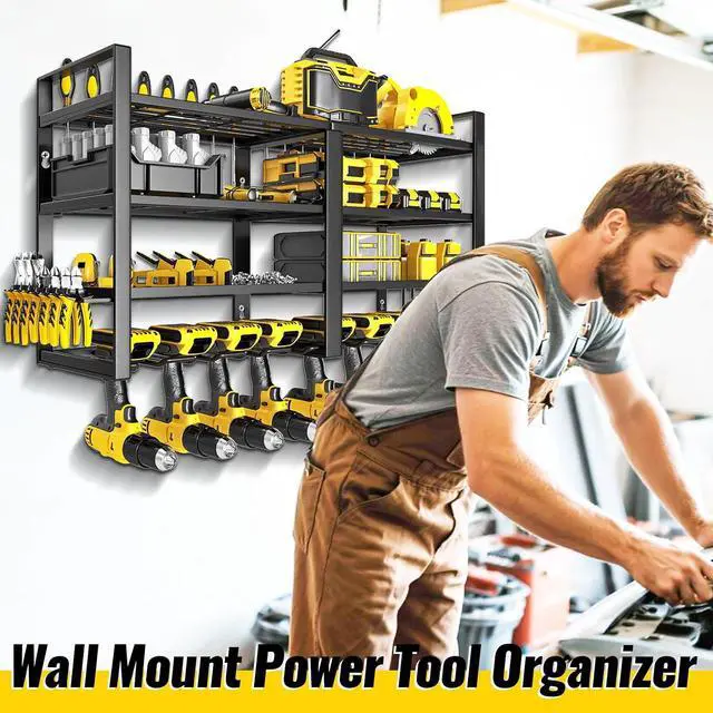 Alt view image 7 of 7 - Power Tool Organizer Wall Mount,4 Tier Heavy Duty Tool Storage Rack | 8 Drill Holders,200lbs Tool Shelf,Cordless Drill Hanger with Pliers Hammer holder,Garage Workshop Pegboard Shed