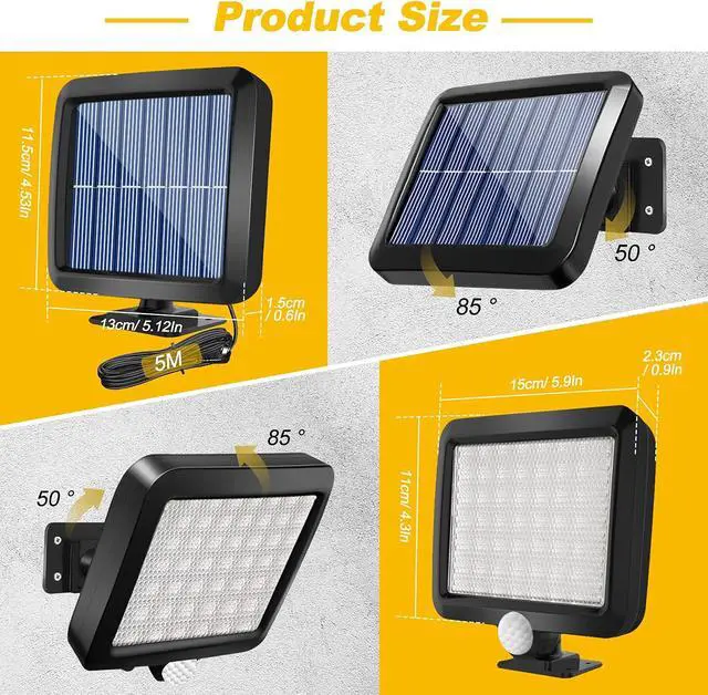 Alt view image 7 of 7 - Solar Wall Lights Outdoor with Motion Sensor, 56 LEDs Ultra Bright IP65 Waterproof Separable Solar Porch Light, 16.4 ft Cord Security Light for Patio Yard Deck Garage Driveway Porch Fence