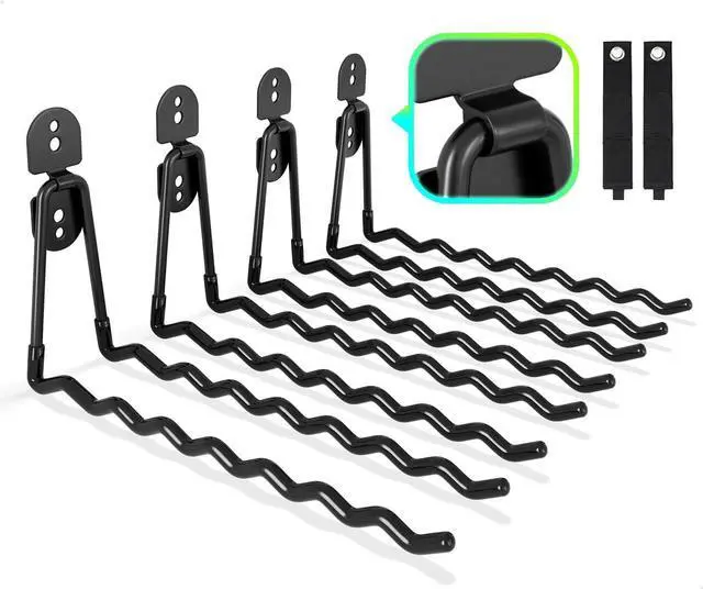 Main image of COCOYA Garage Hooks 11.8" Long with 2 Extension Storage Straps (4 Pack) | Interlocking Design, Wave-Shaped, Heavy Duty, Hanging Ladder Shovel Bike Garden Tool, For Shed Yard Garage, Black