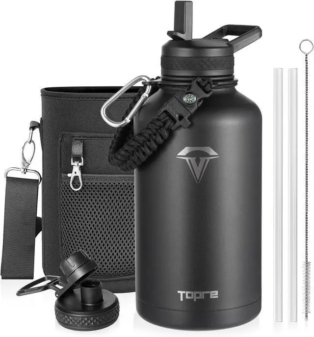 Main image of Topre 64 oz Insulated Water Bottle Stainless Steel with Paracord Handle | Large Half Gallon Jug with Sleeve Straw Spout Lids, Triple Wall Vacuum, Cold for 48 Hrs, Dishwasher Safe, Leakproof, BPA-Free