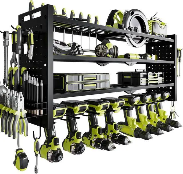 Main image of NattyDot Power Tool Drill Holder Wall Mount, 4Tier Garage Organizer, Black | 4-tier Utility Rack Stores 8 Cordless Drills, Batteries and Accessories while Freeing Extra Garage Wall Storage Space