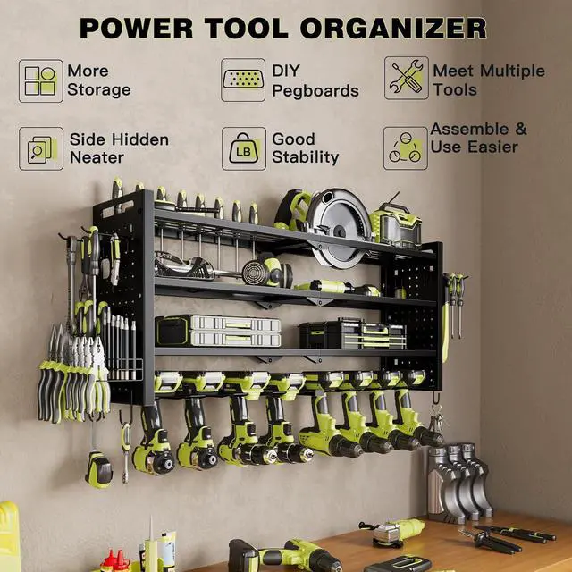 Alt view image 2 of 7 - NattyDot Power Tool Drill Holder Wall Mount, 4Tier Garage Organizer, Black | 4-tier Utility Rack Stores 8 Cordless Drills, Batteries and Accessories while Freeing Extra Garage Wall Storage Space