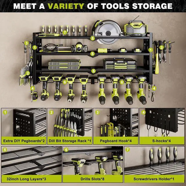 Alt view image 3 of 7 - NattyDot Power Tool Drill Holder Wall Mount, 4Tier Garage Organizer, Black | 4-tier Utility Rack Stores 8 Cordless Drills, Batteries and Accessories while Freeing Extra Garage Wall Storage Space