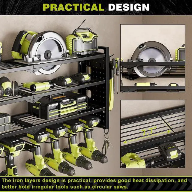 Alt view image 5 of 7 - NattyDot Power Tool Drill Holder Wall Mount, 4Tier Garage Organizer, Black | 4-tier Utility Rack Stores 8 Cordless Drills, Batteries and Accessories while Freeing Extra Garage Wall Storage Space