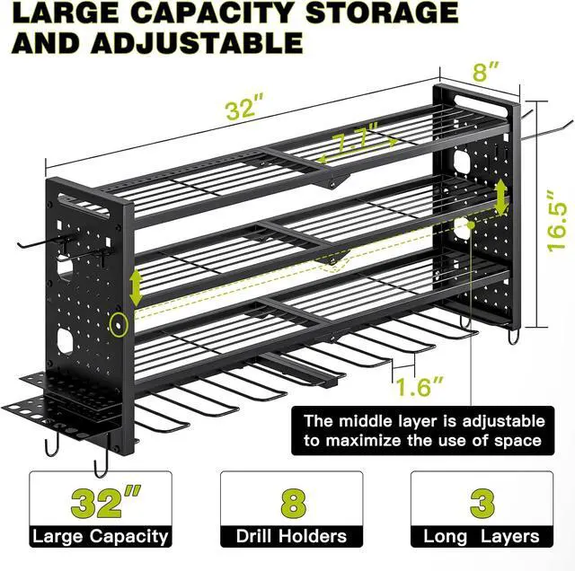 Alt view image 6 of 7 - NattyDot Power Tool Drill Holder Wall Mount, 4Tier Garage Organizer, Black | 4-tier Utility Rack Stores 8 Cordless Drills, Batteries and Accessories while Freeing Extra Garage Wall Storage Space
